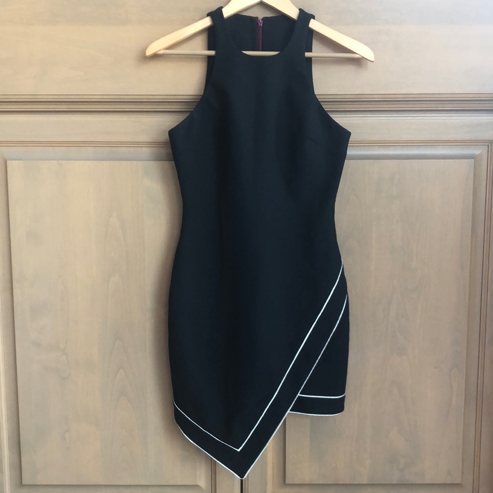 Elizabeth and James asymmetric high neck body con sleeveless tulip hem minidress